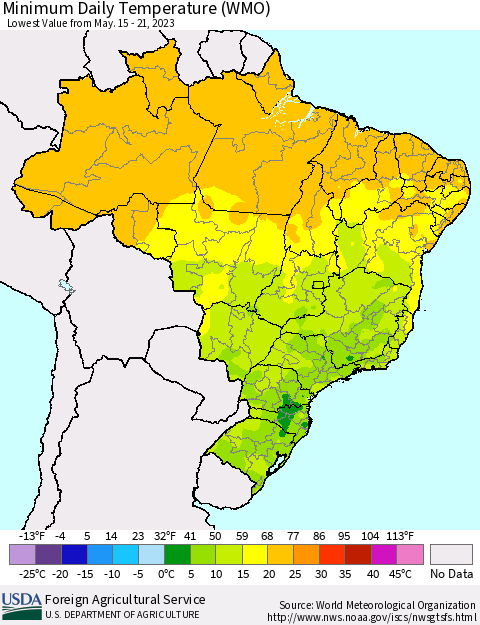 Brazil Minimum Daily Temperature (WMO) Thematic Map For 5/15/2023 - 5/21/2023