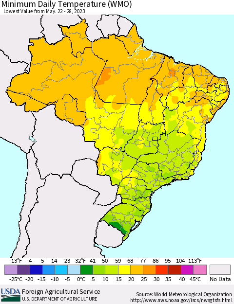 Brazil Minimum Daily Temperature (WMO) Thematic Map For 5/22/2023 - 5/28/2023