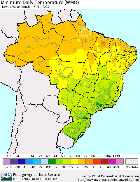 Brazil Minimum Daily Temperature (WMO) Thematic Map For 6/5/2023 - 6/11/2023