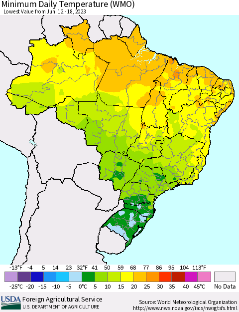 Brazil Minimum Daily Temperature (WMO) Thematic Map For 6/12/2023 - 6/18/2023