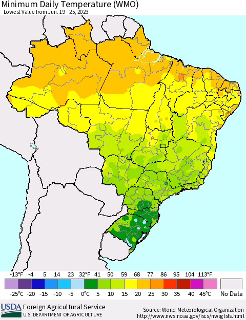 Brazil Minimum Daily Temperature (WMO) Thematic Map For 6/19/2023 - 6/25/2023