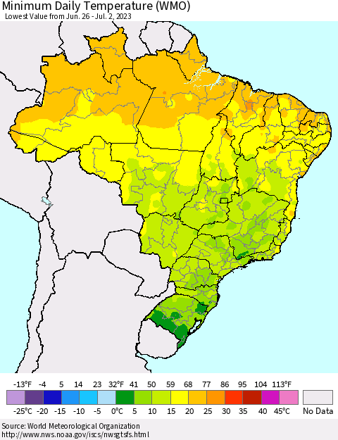 Brazil Minimum Daily Temperature (WMO) Thematic Map For 6/26/2023 - 7/2/2023