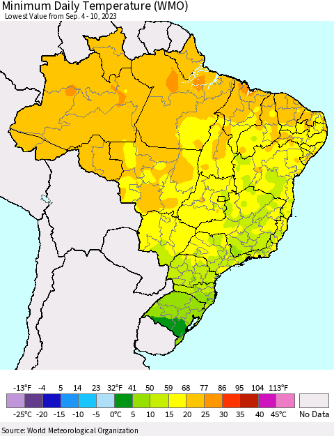 Brazil Minimum Daily Temperature (WMO) Thematic Map For 9/4/2023 - 9/10/2023