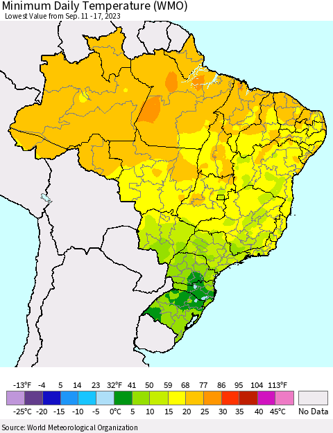 Brazil Minimum Daily Temperature (WMO) Thematic Map For 9/11/2023 - 9/17/2023