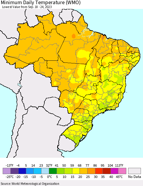 Brazil Minimum Daily Temperature (WMO) Thematic Map For 9/18/2023 - 9/24/2023