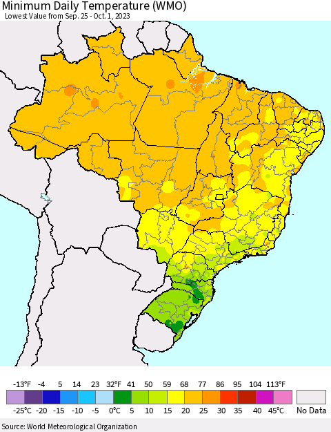 Brazil Minimum Daily Temperature (WMO) Thematic Map For 9/25/2023 - 10/1/2023
