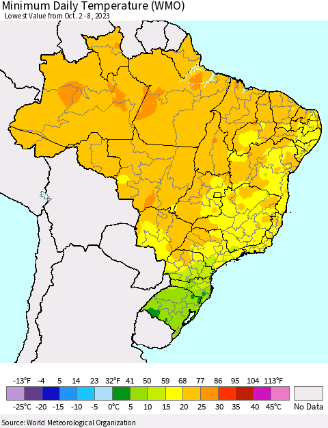 Brazil Minimum Daily Temperature (WMO) Thematic Map For 10/2/2023 - 10/8/2023