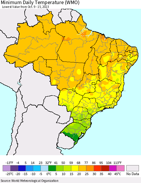 Brazil Minimum Daily Temperature (WMO) Thematic Map For 10/9/2023 - 10/15/2023