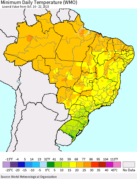 Brazil Minimum Daily Temperature (WMO) Thematic Map For 10/16/2023 - 10/22/2023