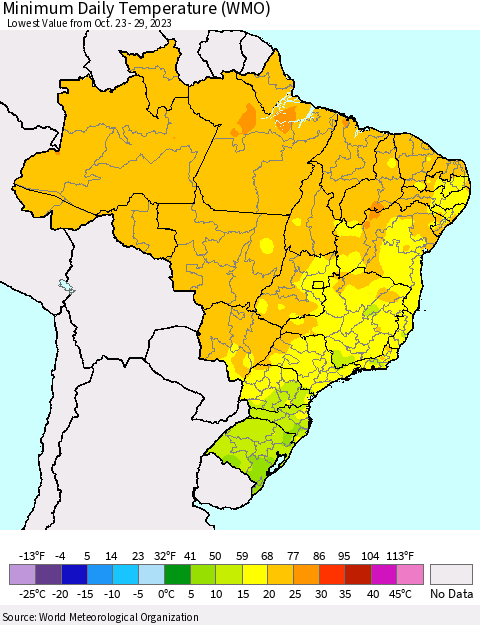Brazil Minimum Daily Temperature (WMO) Thematic Map For 10/23/2023 - 10/29/2023