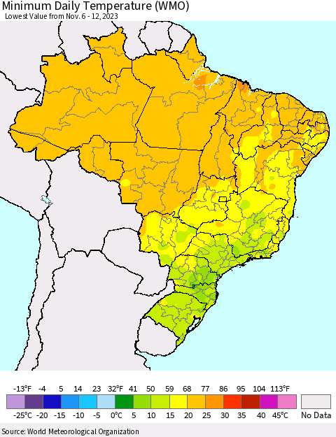 Brazil Minimum Daily Temperature (WMO) Thematic Map For 11/6/2023 - 11/12/2023