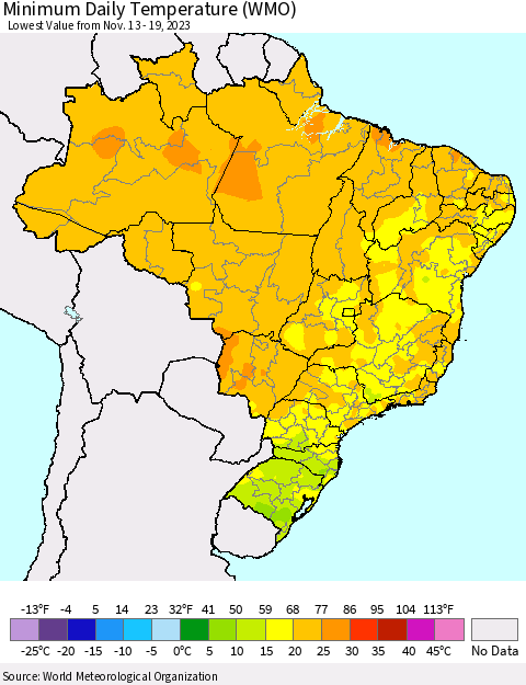Brazil Minimum Daily Temperature (WMO) Thematic Map For 11/13/2023 - 11/19/2023