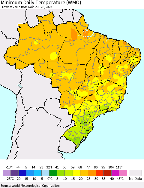 Brazil Minimum Daily Temperature (WMO) Thematic Map For 11/20/2023 - 11/26/2023