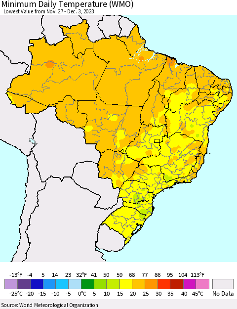 Brazil Minimum Daily Temperature (WMO) Thematic Map For 11/27/2023 - 12/3/2023