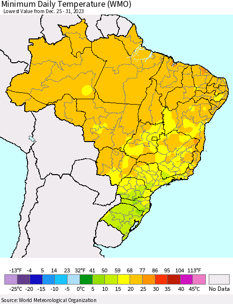 Brazil Minimum Daily Temperature (WMO) Thematic Map For 12/25/2023 - 12/31/2023