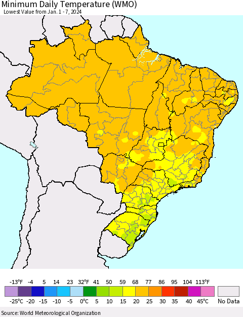 Brazil Minimum Daily Temperature (WMO) Thematic Map For 1/1/2024 - 1/7/2024