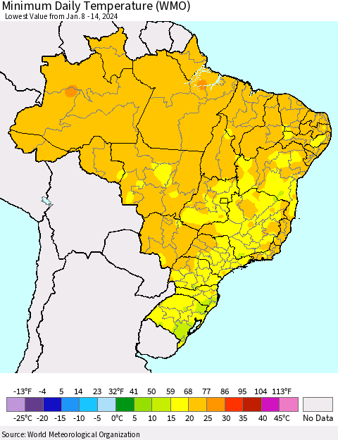 Brazil Minimum Daily Temperature (WMO) Thematic Map For 1/8/2024 - 1/14/2024