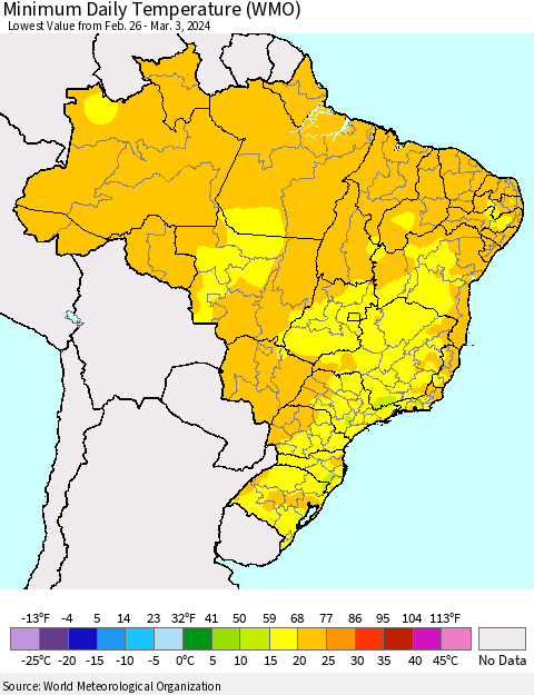 Brazil Minimum Daily Temperature (WMO) Thematic Map For 2/26/2024 - 3/3/2024