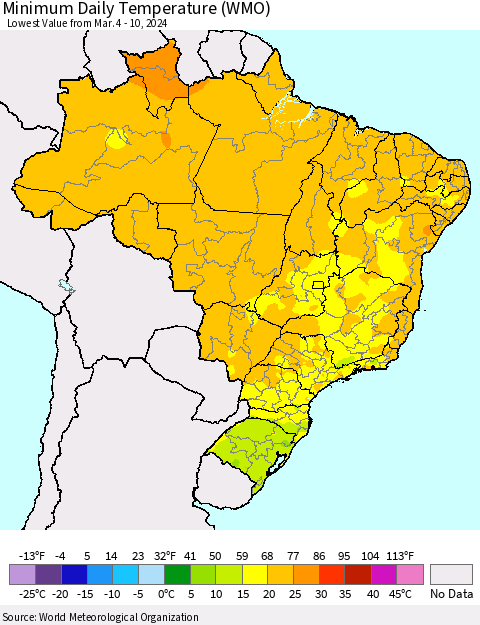 Brazil Minimum Daily Temperature (WMO) Thematic Map For 3/4/2024 - 3/10/2024