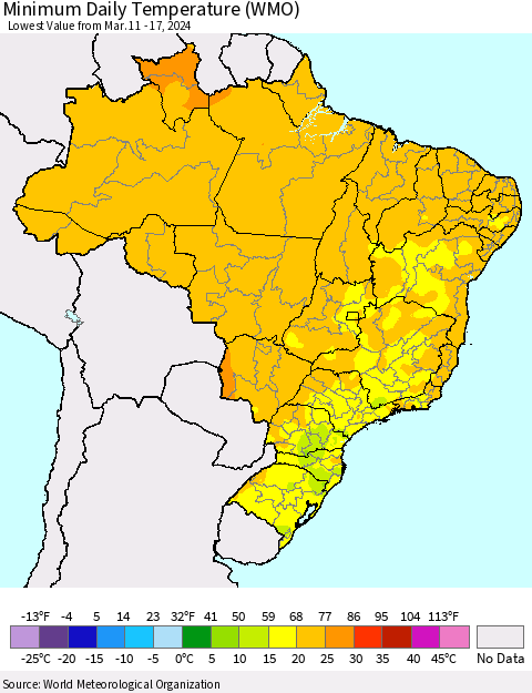 Brazil Minimum Daily Temperature (WMO) Thematic Map For 3/11/2024 - 3/17/2024