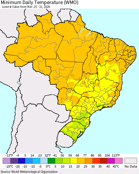Brazil Minimum Daily Temperature (WMO) Thematic Map For 3/25/2024 - 3/31/2024