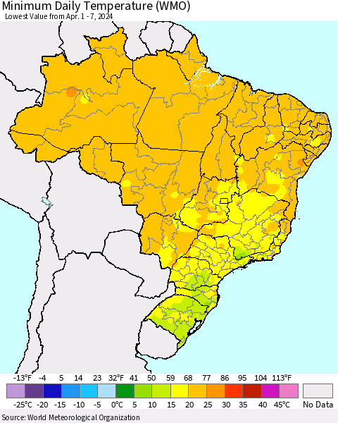 Brazil Minimum Daily Temperature (WMO) Thematic Map For 4/1/2024 - 4/7/2024