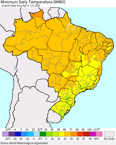 Brazil Minimum Daily Temperature (WMO) Thematic Map For 4/8/2024 - 4/14/2024