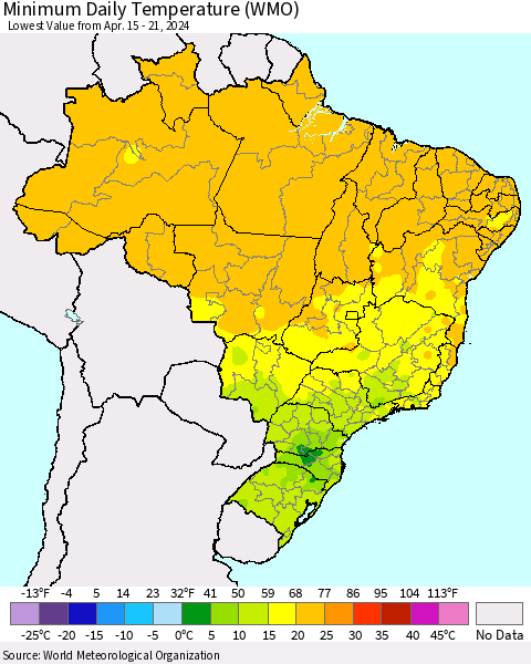 Brazil Minimum Daily Temperature (WMO) Thematic Map For 4/15/2024 - 4/21/2024