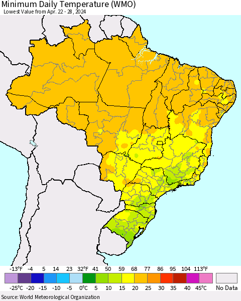 Brazil Minimum Daily Temperature (WMO) Thematic Map For 4/22/2024 - 4/28/2024