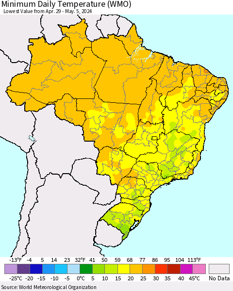 Brazil Minimum Daily Temperature (WMO) Thematic Map For 4/29/2024 - 5/5/2024