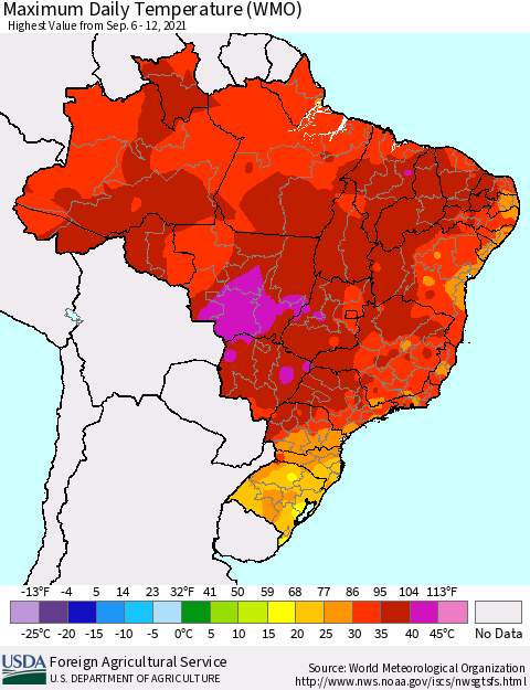 Brazil Maximum Daily Temperature (WMO) Thematic Map For 9/6/2021 - 9/12/2021