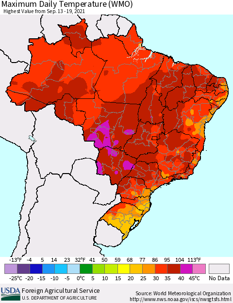 Brazil Maximum Daily Temperature (WMO) Thematic Map For 9/13/2021 - 9/19/2021