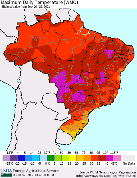 Brazil Maximum Daily Temperature (WMO) Thematic Map For 9/20/2021 - 9/26/2021