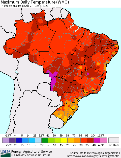 Brazil Maximum Daily Temperature (WMO) Thematic Map For 9/27/2021 - 10/3/2021