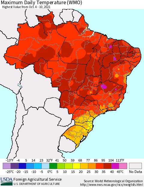 Brazil Maximum Daily Temperature (WMO) Thematic Map For 10/4/2021 - 10/10/2021