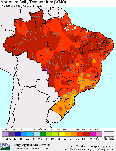 Brazil Maximum Daily Temperature (WMO) Thematic Map For 10/11/2021 - 10/17/2021