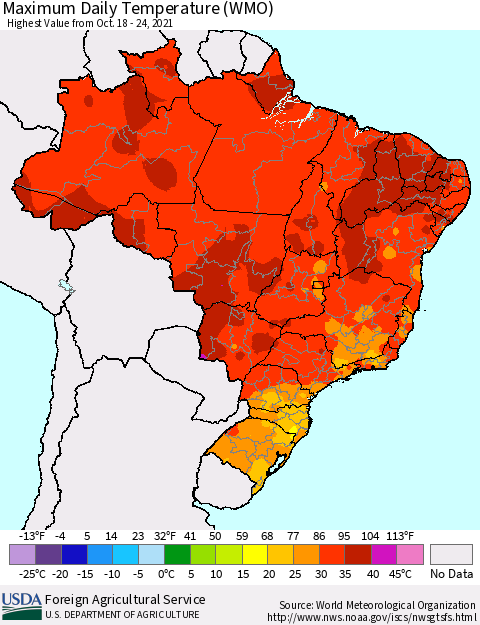 Brazil Maximum Daily Temperature (WMO) Thematic Map For 10/18/2021 - 10/24/2021