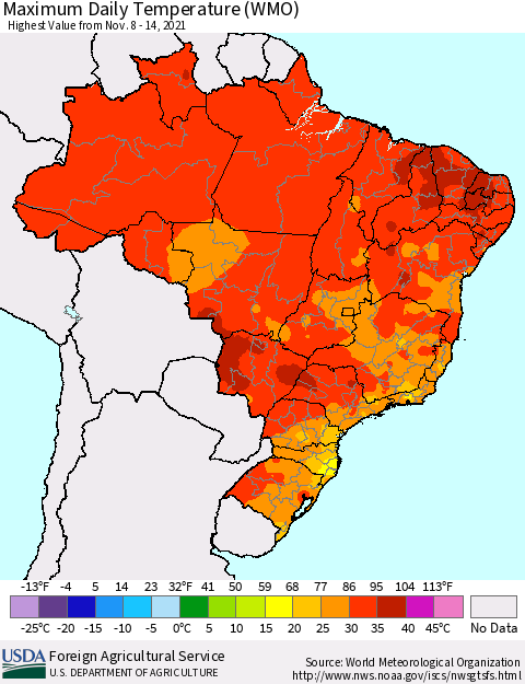 Brazil Maximum Daily Temperature (WMO) Thematic Map For 11/8/2021 - 11/14/2021