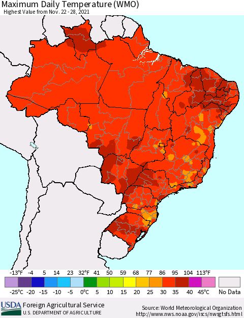 Brazil Maximum Daily Temperature (WMO) Thematic Map For 11/22/2021 - 11/28/2021