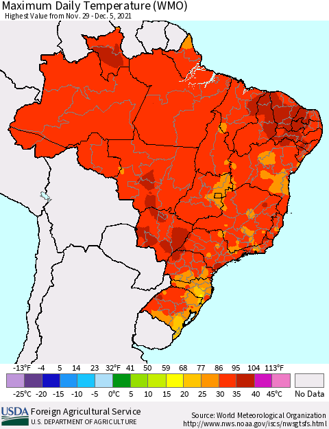 Brazil Maximum Daily Temperature (WMO) Thematic Map For 11/29/2021 - 12/5/2021