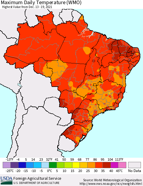 Brazil Maximum Daily Temperature (WMO) Thematic Map For 12/13/2021 - 12/19/2021