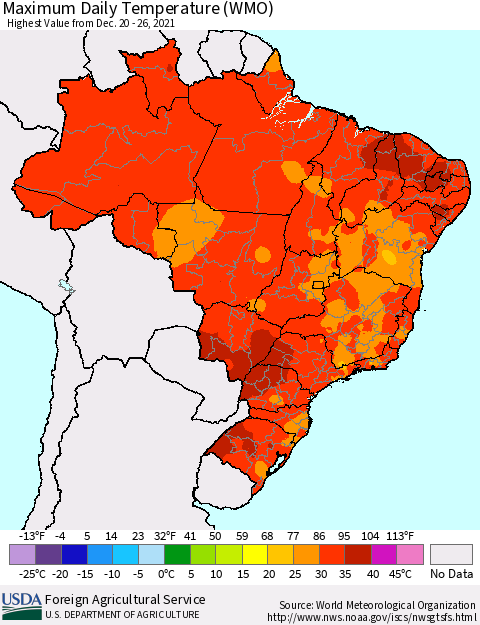 Brazil Maximum Daily Temperature (WMO) Thematic Map For 12/20/2021 - 12/26/2021