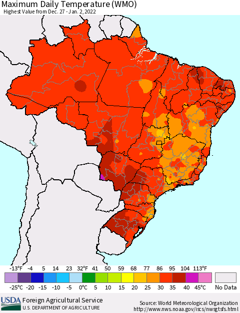 Brazil Maximum Daily Temperature (WMO) Thematic Map For 12/27/2021 - 1/2/2022