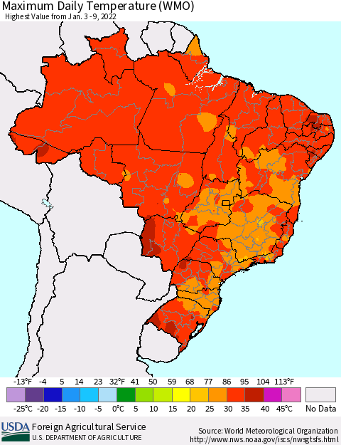 Brazil Maximum Daily Temperature (WMO) Thematic Map For 1/3/2022 - 1/9/2022
