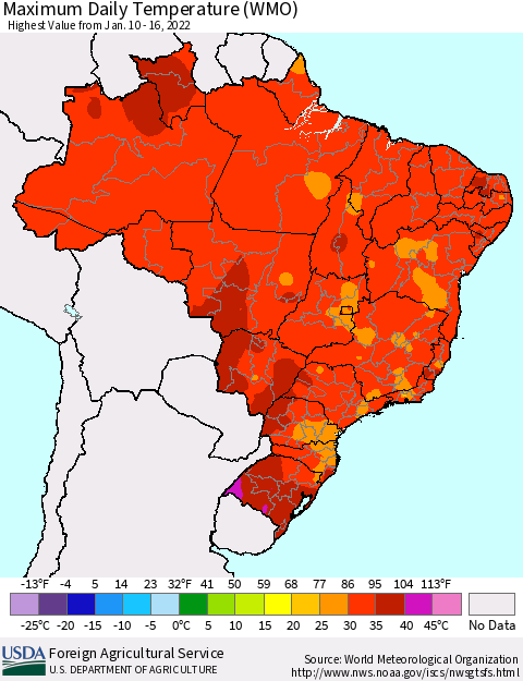 Brazil Maximum Daily Temperature (WMO) Thematic Map For 1/10/2022 - 1/16/2022