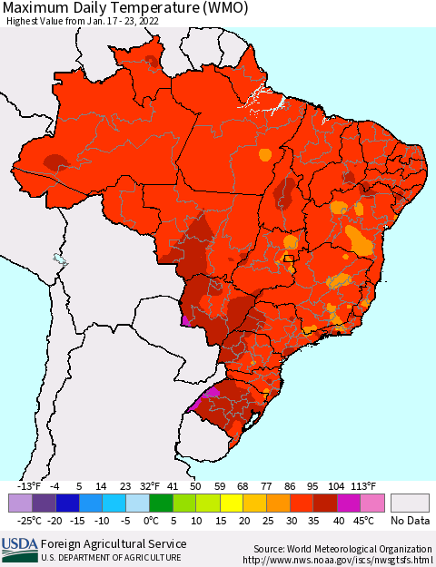 Brazil Maximum Daily Temperature (WMO) Thematic Map For 1/17/2022 - 1/23/2022