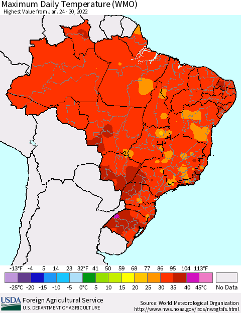 Brazil Maximum Daily Temperature (WMO) Thematic Map For 1/24/2022 - 1/30/2022