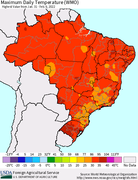Brazil Maximum Daily Temperature (WMO) Thematic Map For 1/31/2022 - 2/6/2022