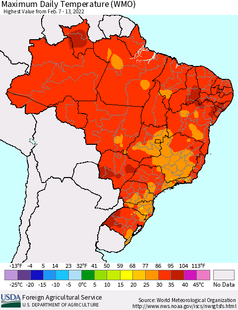 Brazil Maximum Daily Temperature (WMO) Thematic Map For 2/7/2022 - 2/13/2022
