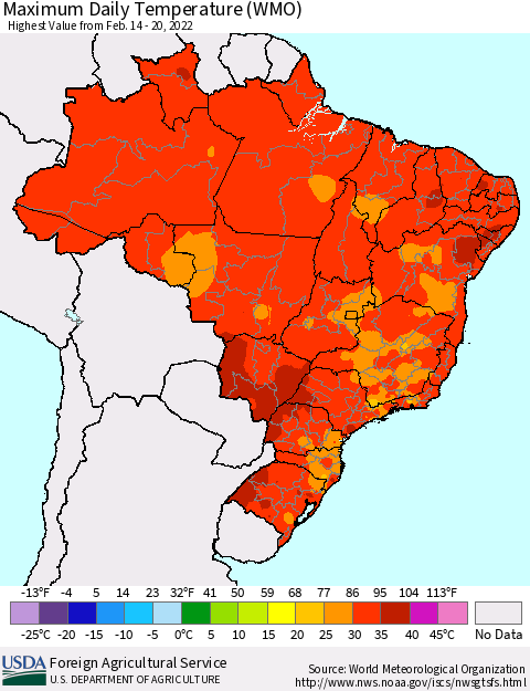 Brazil Maximum Daily Temperature (WMO) Thematic Map For 2/14/2022 - 2/20/2022